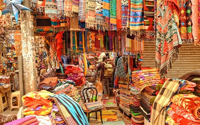 A fabric stall in a market in Old Delhi
